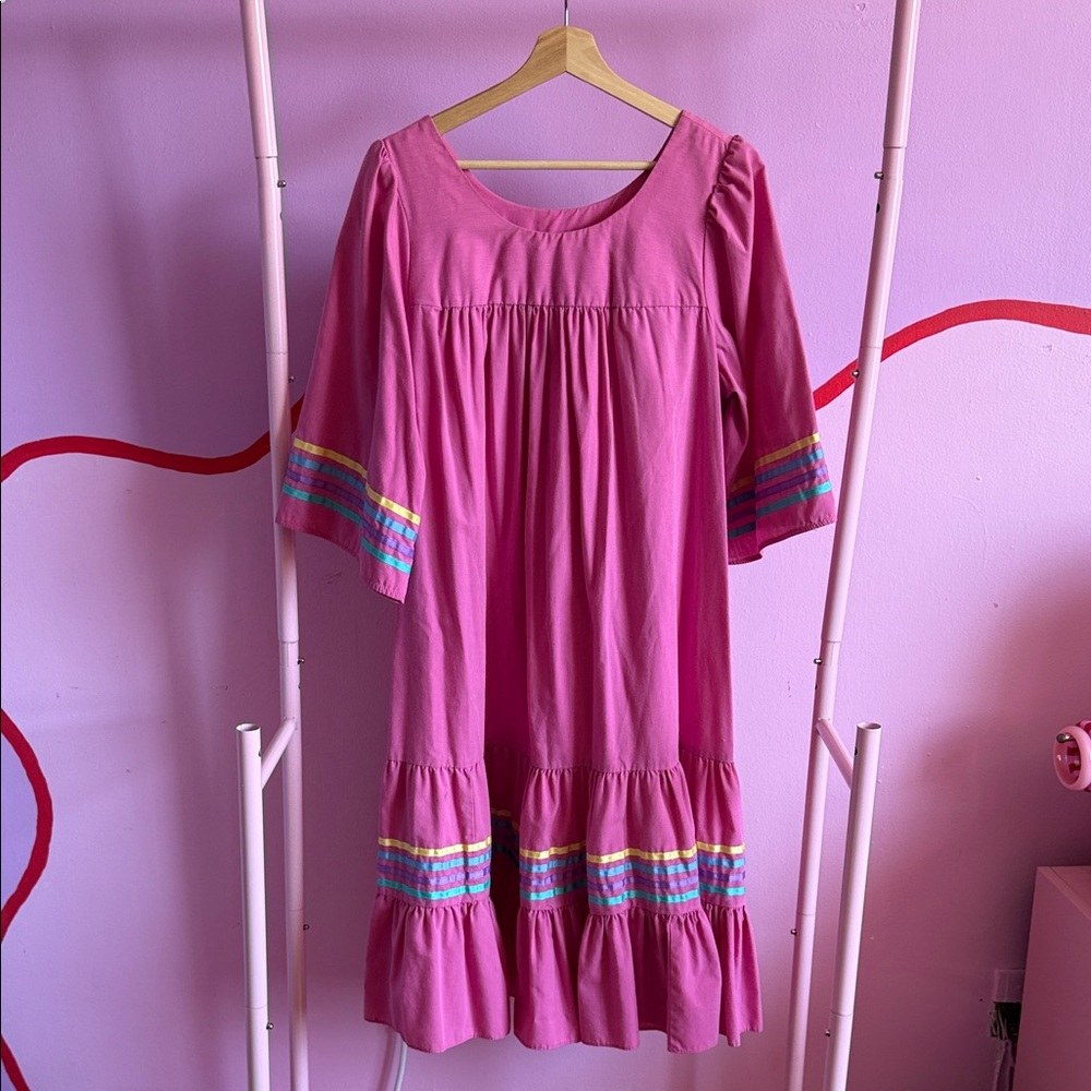 Pink Tiered Midi Dress with Colorful Trim